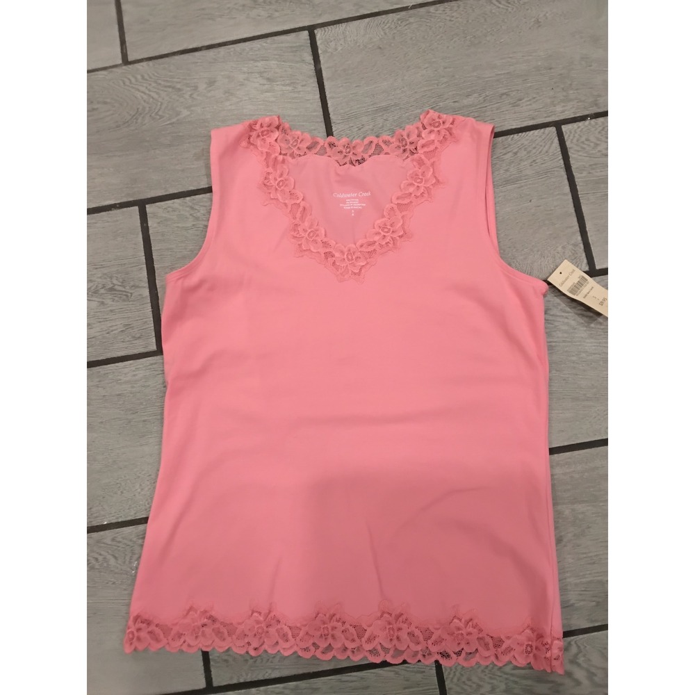 Coldwater Creek Pink Lace Trim Tank Top Sleeveless V-Neck NWT Small